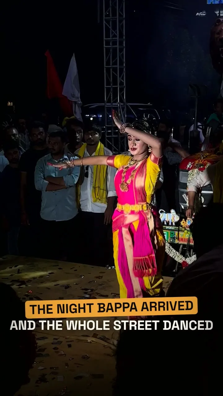 What goes out: the finished frame, graded, reframed, with the words 'The night Bappa arrived, and the whole street danced'