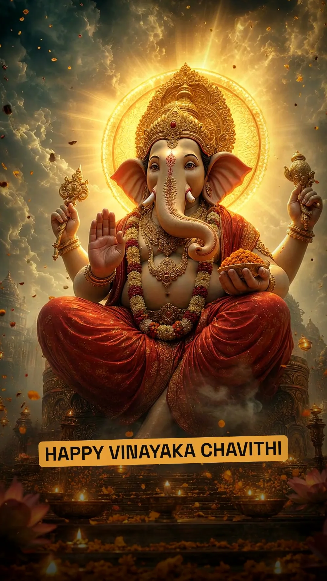 Reel for Vinayaka Chavithi: Ganesha in golden mist under a sun halo with the chant Om Gam Ganapataye Namaha, then on a lotus over a sea of fog with the blessing for every business